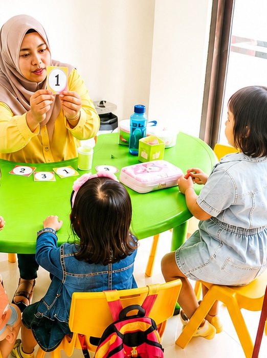 Tutor Lit Education menunjukkan kartu angka kepada anak-anak